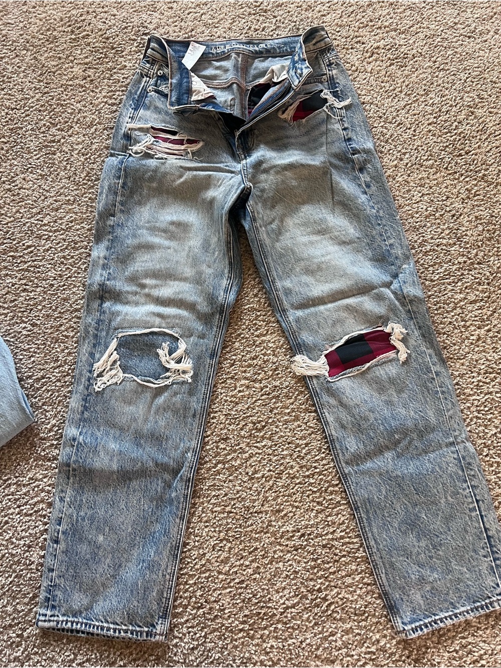 American Eagle Outfitters Light Blue Straight Leg Jeans with Red Patch Accents